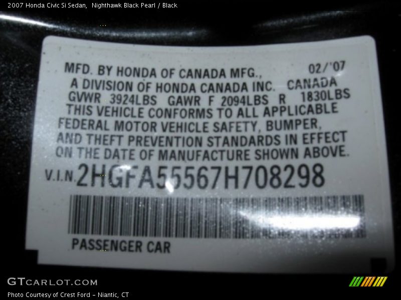 Nighthawk Black Pearl / Black 2007 Honda Civic Si Sedan