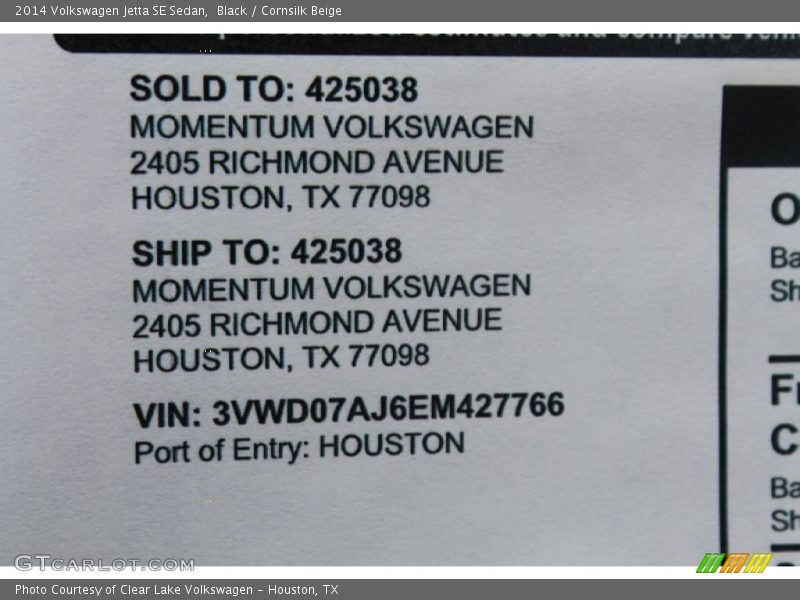 Black / Cornsilk Beige 2014 Volkswagen Jetta SE Sedan