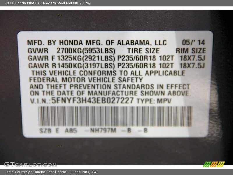 Modern Steel Metallic / Gray 2014 Honda Pilot EX