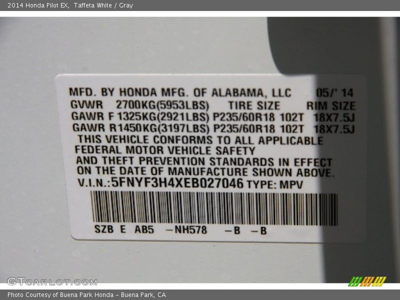Taffeta White / Gray 2014 Honda Pilot EX