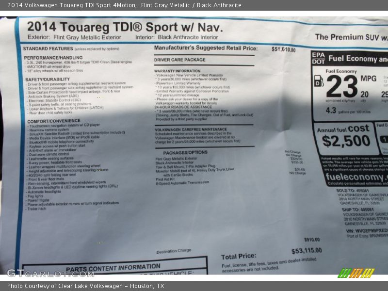  2014 Touareg TDI Sport 4Motion Window Sticker