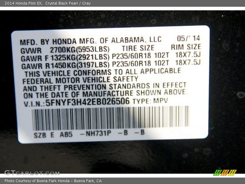 Crystal Black Pearl / Gray 2014 Honda Pilot EX