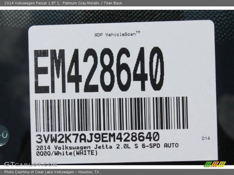 Platinum Gray Metallic / Titan Black 2014 Volkswagen Passat 1.8T S