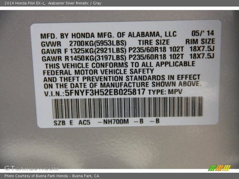 Alabaster Silver Metallic / Gray 2014 Honda Pilot EX-L