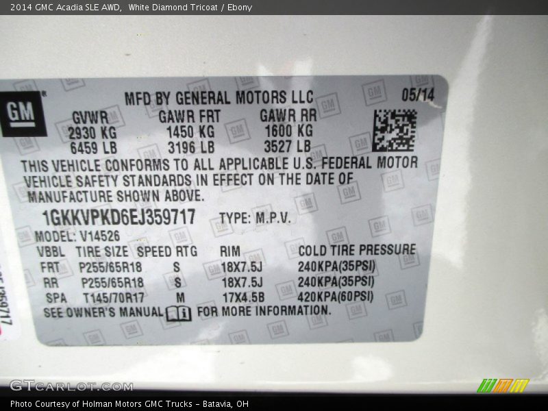 White Diamond Tricoat / Ebony 2014 GMC Acadia SLE AWD