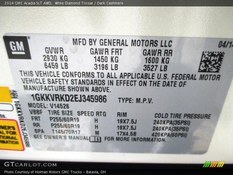 White Diamond Tricoat / Dark Cashmere 2014 GMC Acadia SLT AWD