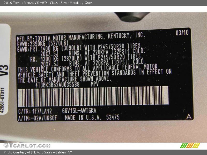2010 Venza V6 AWD Classic Silver Metallic Color Code 1F7