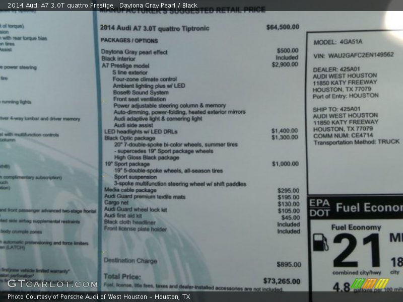  2014 A7 3.0T quattro Prestige Window Sticker