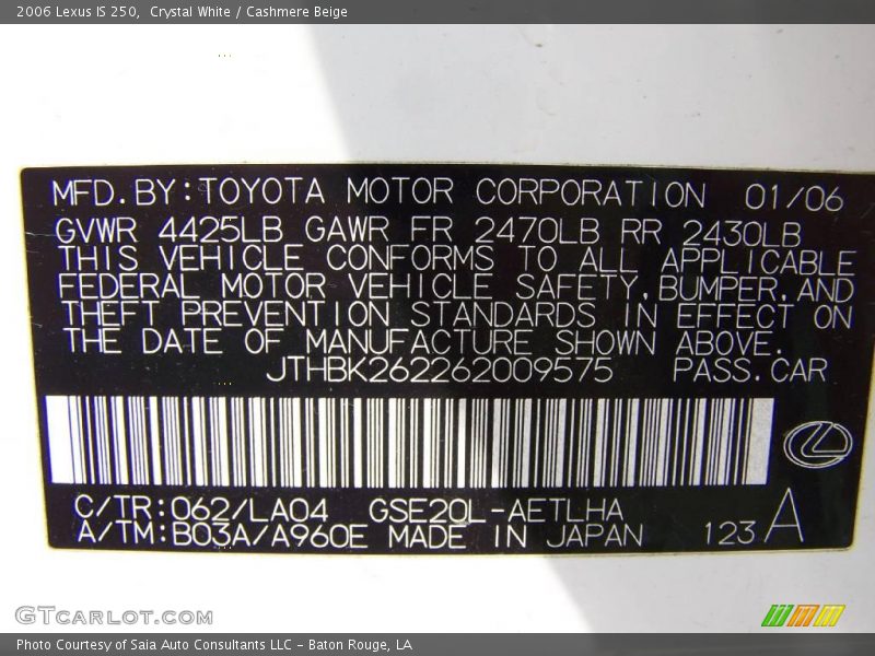 Crystal White / Cashmere Beige 2006 Lexus IS 250