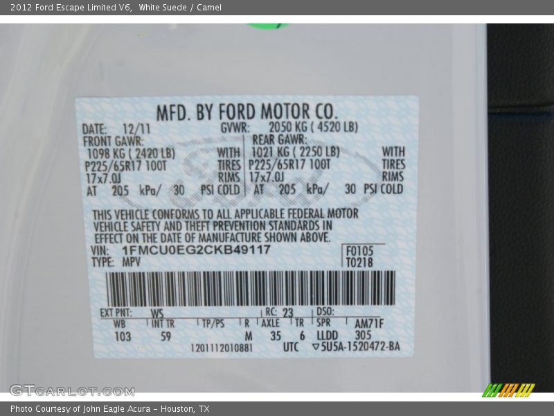 White Suede / Camel 2012 Ford Escape Limited V6