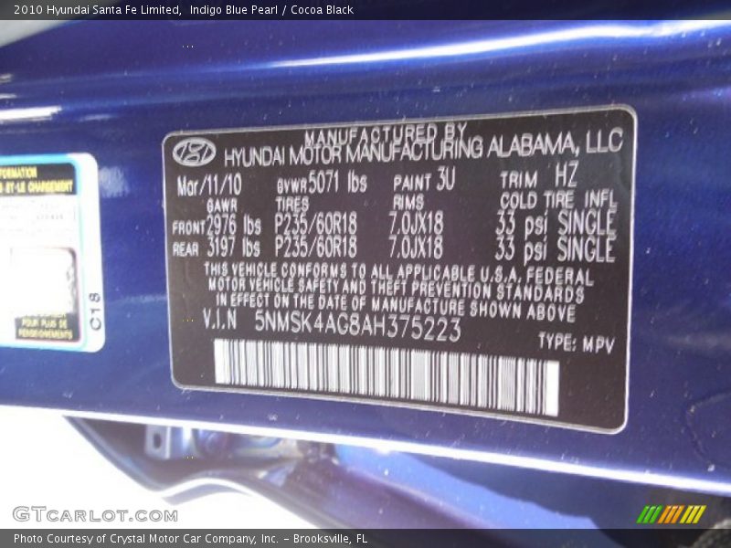 Indigo Blue Pearl / Cocoa Black 2010 Hyundai Santa Fe Limited