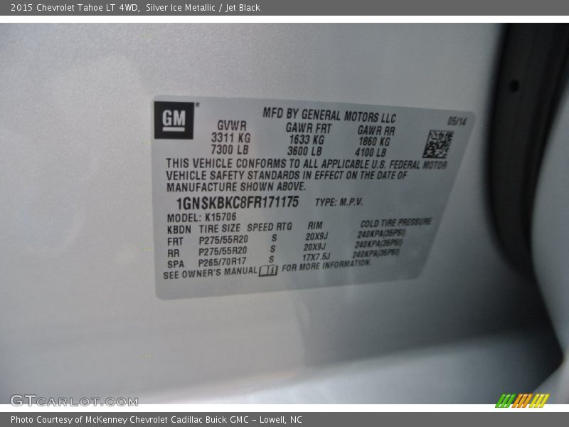 Silver Ice Metallic / Jet Black 2015 Chevrolet Tahoe LT 4WD