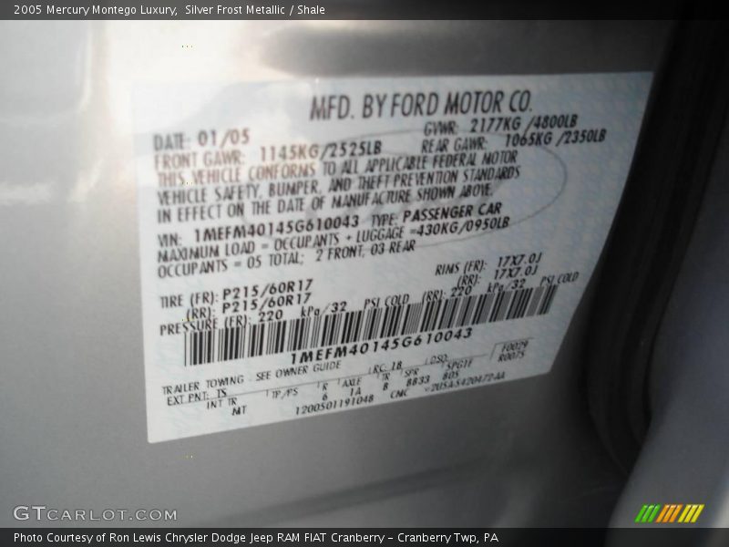 Silver Frost Metallic / Shale 2005 Mercury Montego Luxury