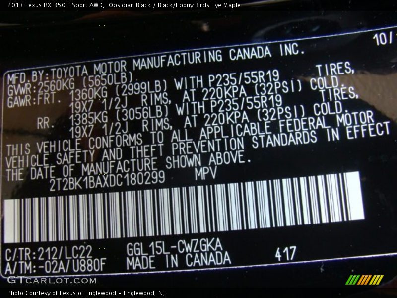 Obsidian Black / Black/Ebony Birds Eye Maple 2013 Lexus RX 350 F Sport AWD