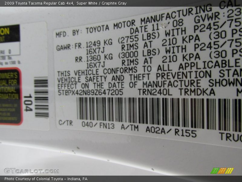 Super White / Graphite Gray 2009 Toyota Tacoma Regular Cab 4x4