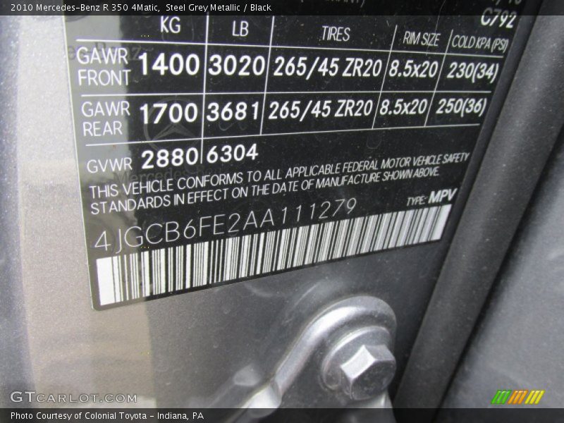 Steel Grey Metallic / Black 2010 Mercedes-Benz R 350 4Matic