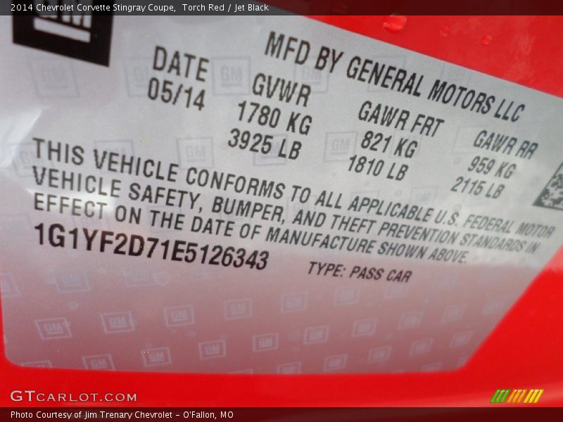 Info Tag of 2014 Corvette Stingray Coupe
