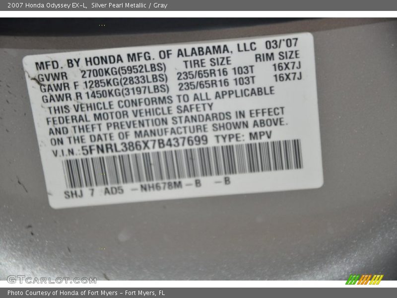 Silver Pearl Metallic / Gray 2007 Honda Odyssey EX-L