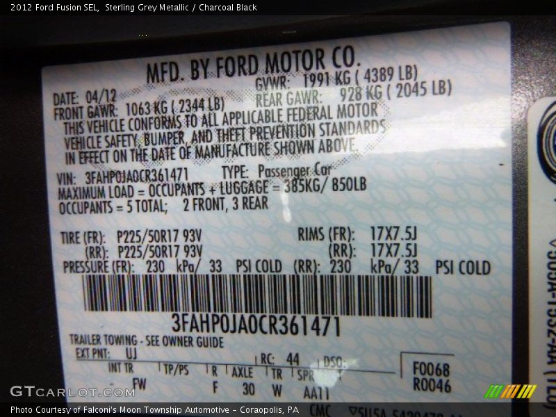 Sterling Grey Metallic / Charcoal Black 2012 Ford Fusion SEL