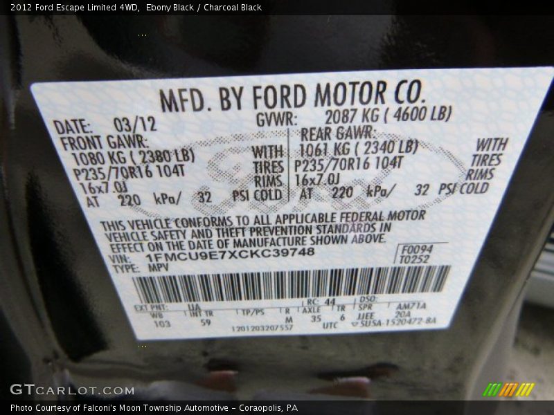 Ebony Black / Charcoal Black 2012 Ford Escape Limited 4WD