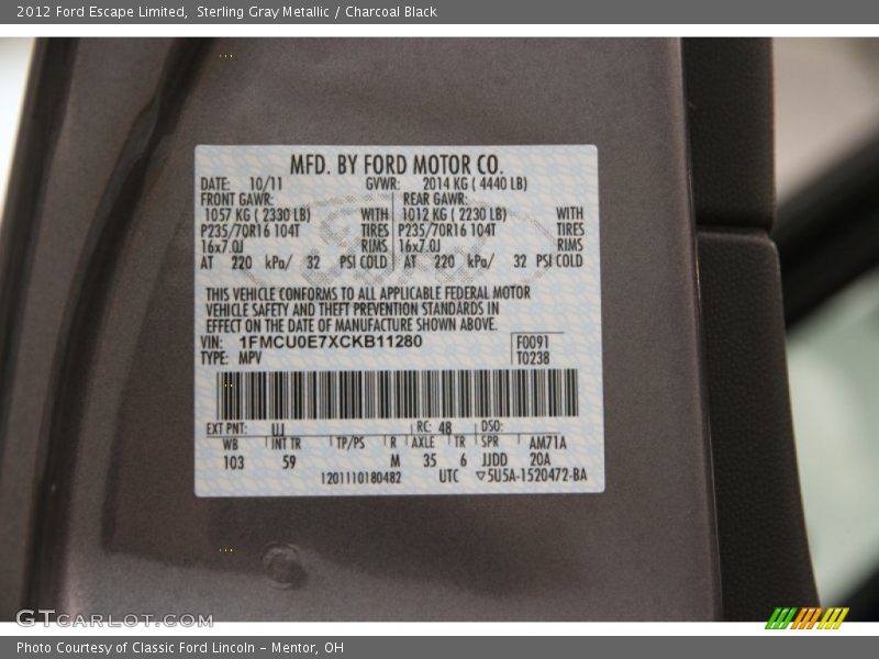 Sterling Gray Metallic / Charcoal Black 2012 Ford Escape Limited