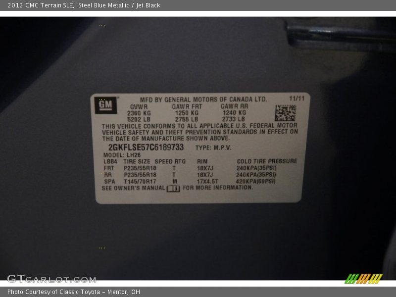 Steel Blue Metallic / Jet Black 2012 GMC Terrain SLE