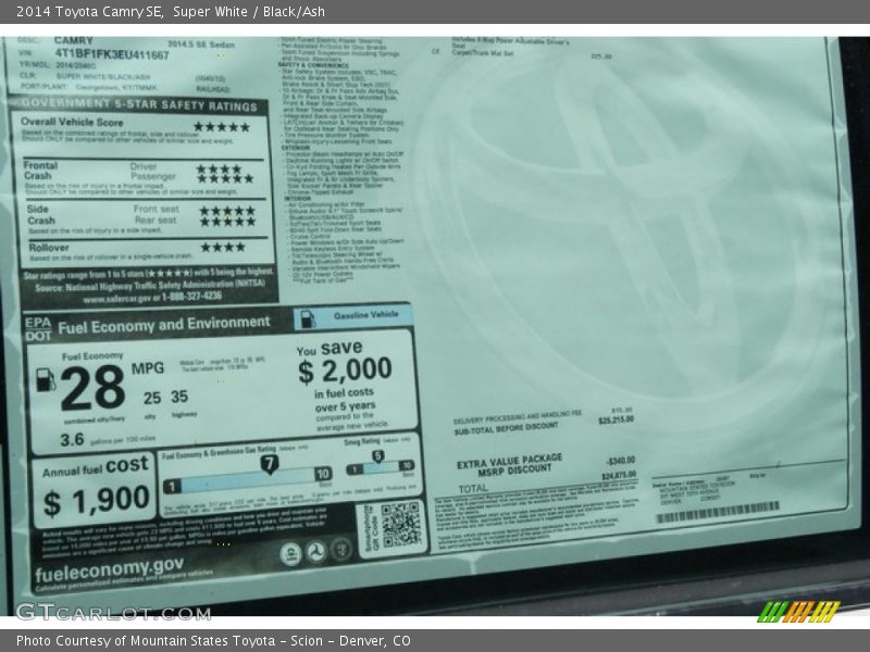 Super White / Black/Ash 2014 Toyota Camry SE