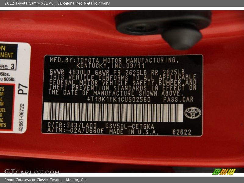 Barcelona Red Metallic / Ivory 2012 Toyota Camry XLE V6