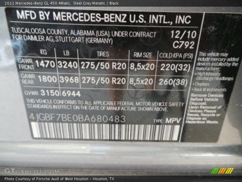 Steel Grey Metallic / Black 2011 Mercedes-Benz GL 450 4Matic