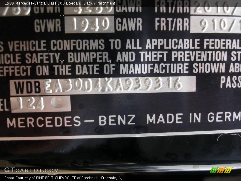 Info Tag of 1989 E Class 300 E Sedan