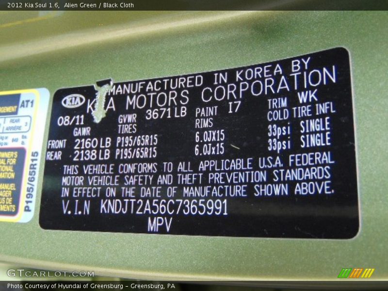 Alien Green / Black Cloth 2012 Kia Soul 1.6
