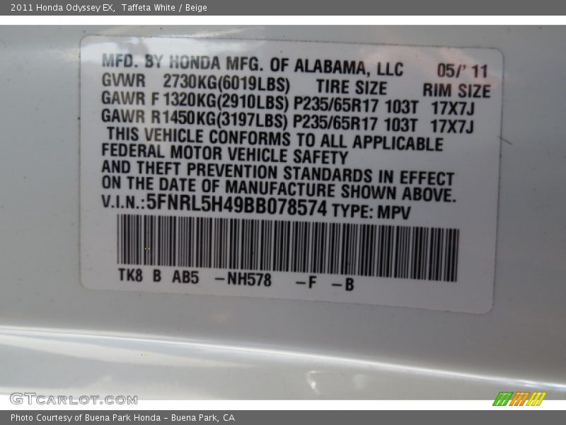 Taffeta White / Beige 2011 Honda Odyssey EX