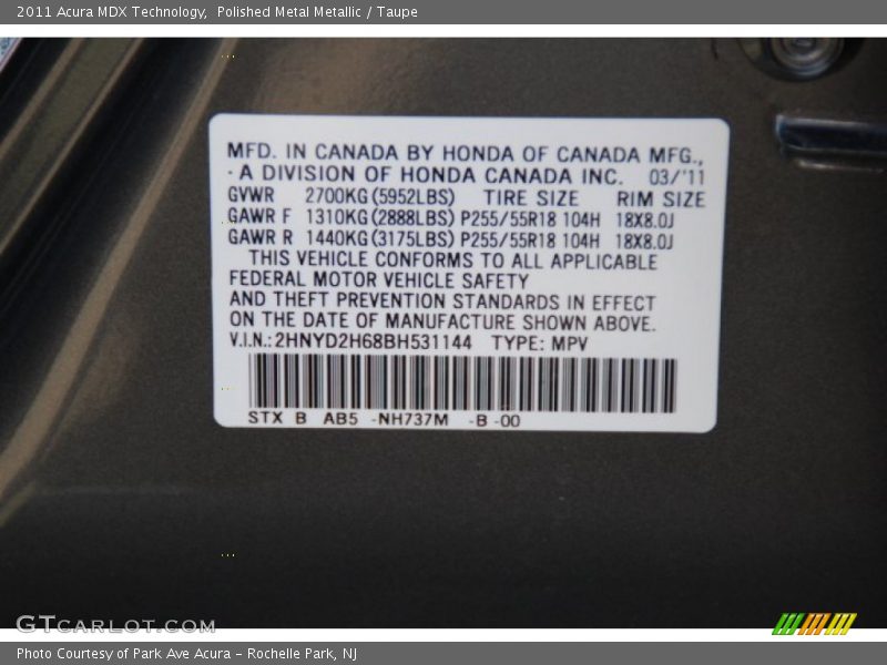Polished Metal Metallic / Taupe 2011 Acura MDX Technology