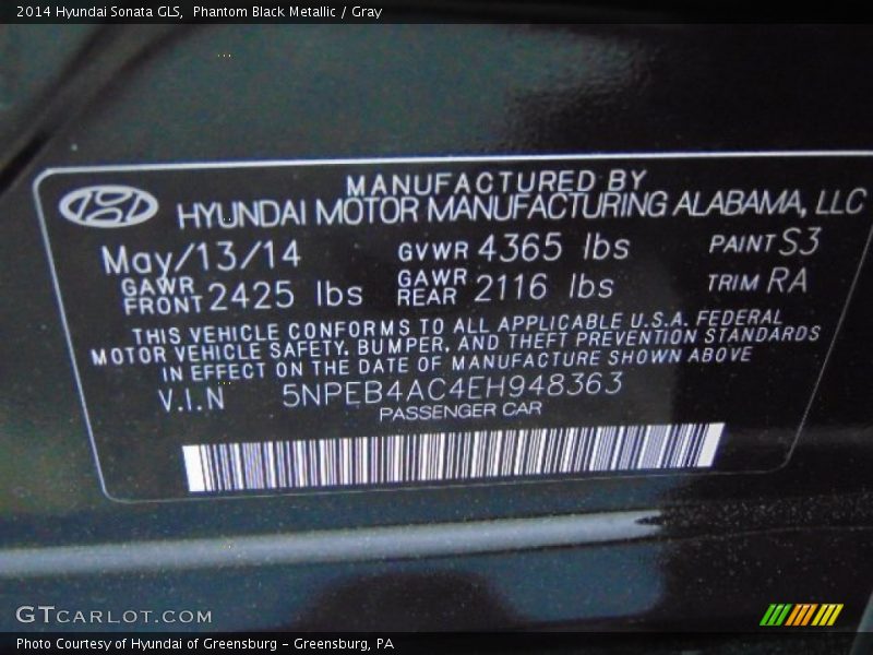 Phantom Black Metallic / Gray 2014 Hyundai Sonata GLS