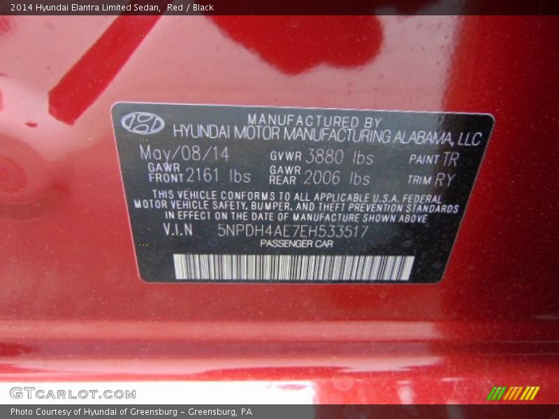 Red / Black 2014 Hyundai Elantra Limited Sedan
