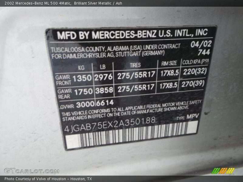 Brilliant Silver Metallic / Ash 2002 Mercedes-Benz ML 500 4Matic