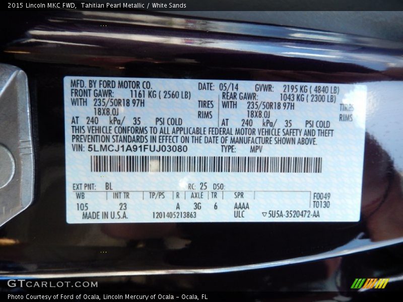 2015 MKC FWD Tahitian Pearl Metallic Color Code BL