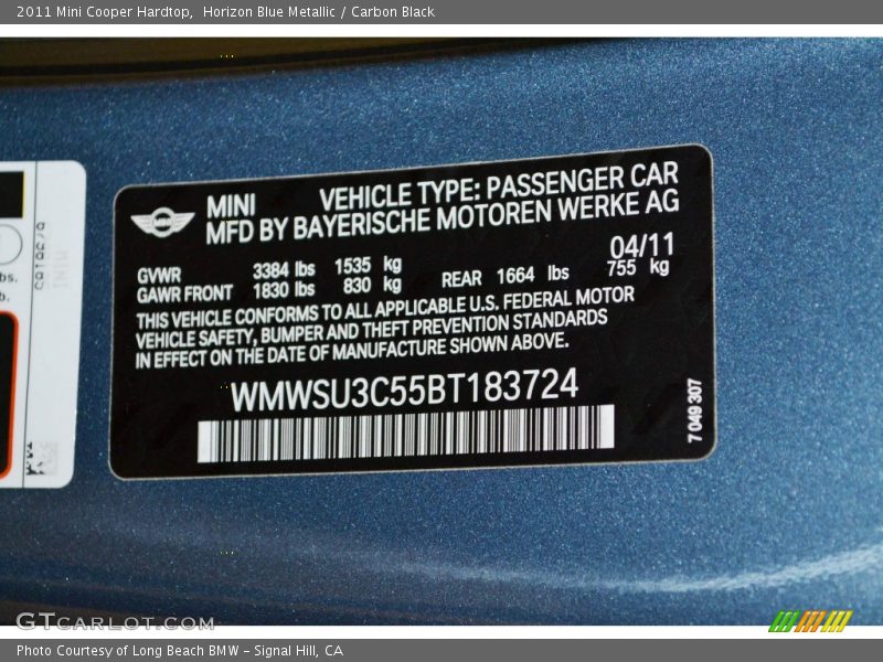 Horizon Blue Metallic / Carbon Black 2011 Mini Cooper Hardtop