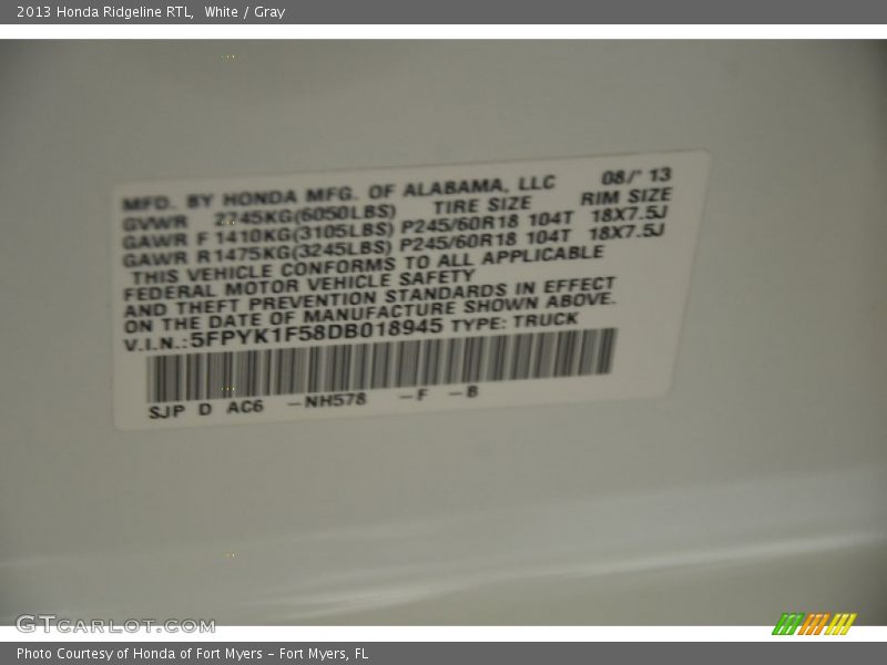 White / Gray 2013 Honda Ridgeline RTL