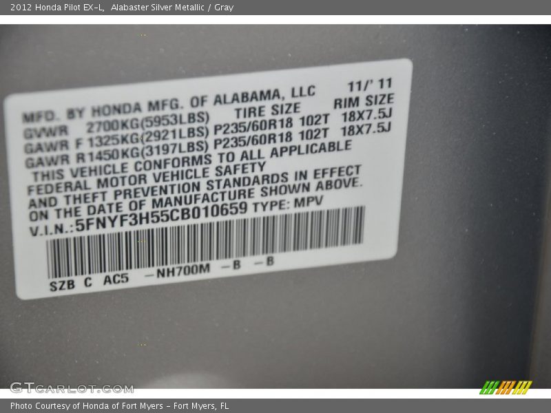 Alabaster Silver Metallic / Gray 2012 Honda Pilot EX-L