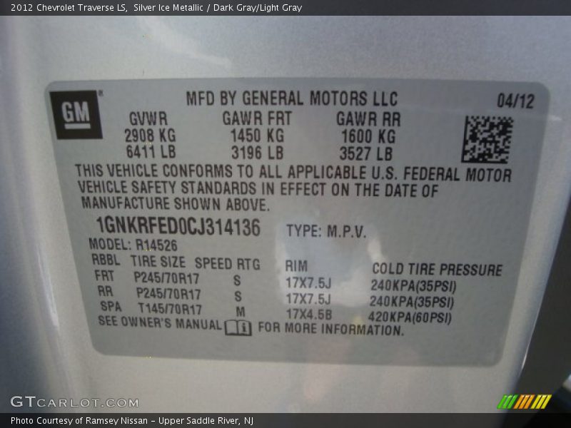 Silver Ice Metallic / Dark Gray/Light Gray 2012 Chevrolet Traverse LS