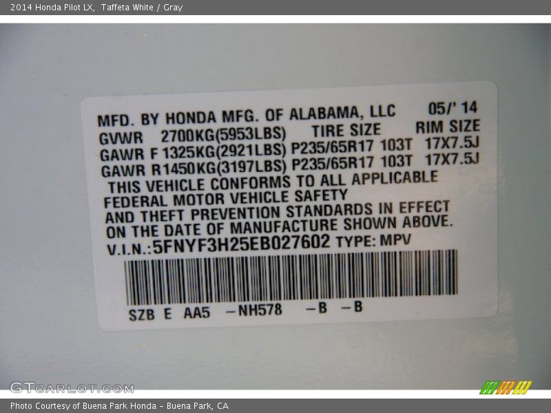 Taffeta White / Gray 2014 Honda Pilot LX