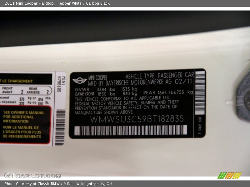 Pepper White / Carbon Black 2011 Mini Cooper Hardtop