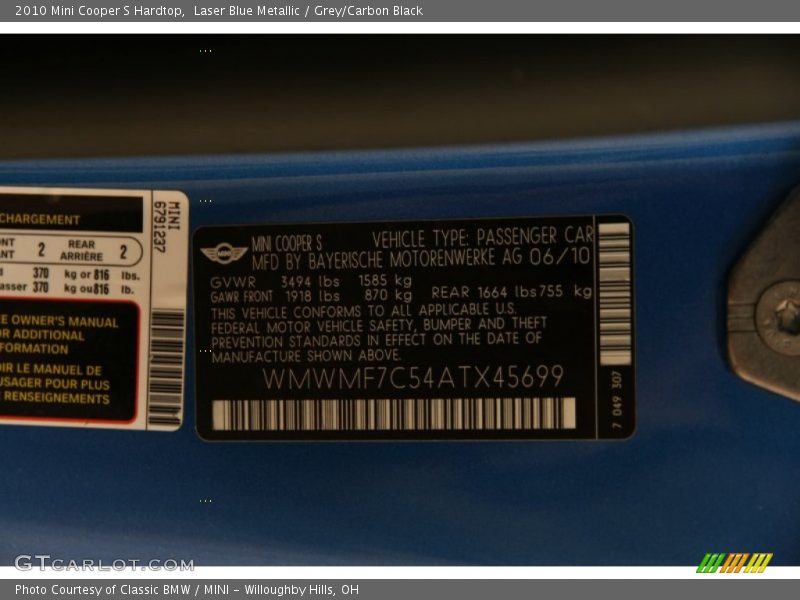 Laser Blue Metallic / Grey/Carbon Black 2010 Mini Cooper S Hardtop