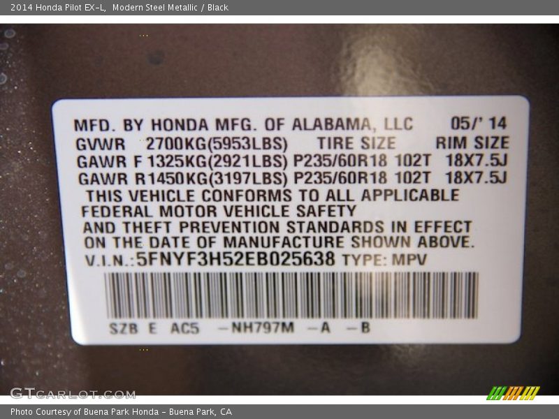 Modern Steel Metallic / Black 2014 Honda Pilot EX-L