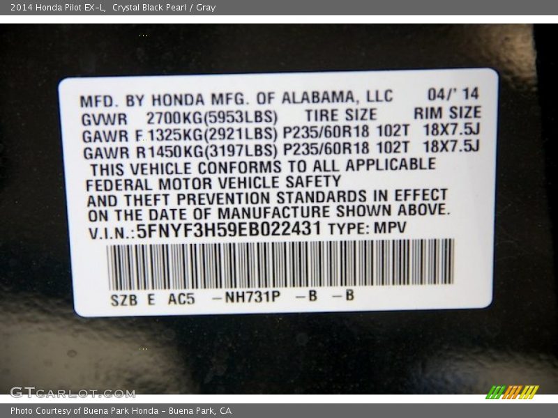 Crystal Black Pearl / Gray 2014 Honda Pilot EX-L