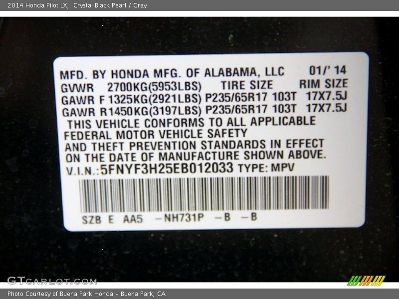 Crystal Black Pearl / Gray 2014 Honda Pilot LX