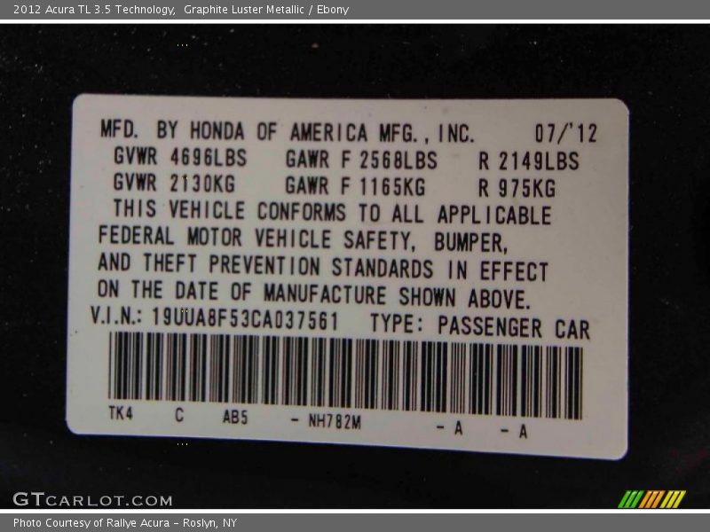 Graphite Luster Metallic / Ebony 2012 Acura TL 3.5 Technology