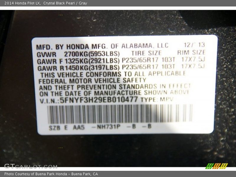 Crystal Black Pearl / Gray 2014 Honda Pilot LX