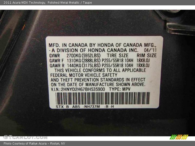 Polished Metal Metallic / Taupe 2011 Acura MDX Technology